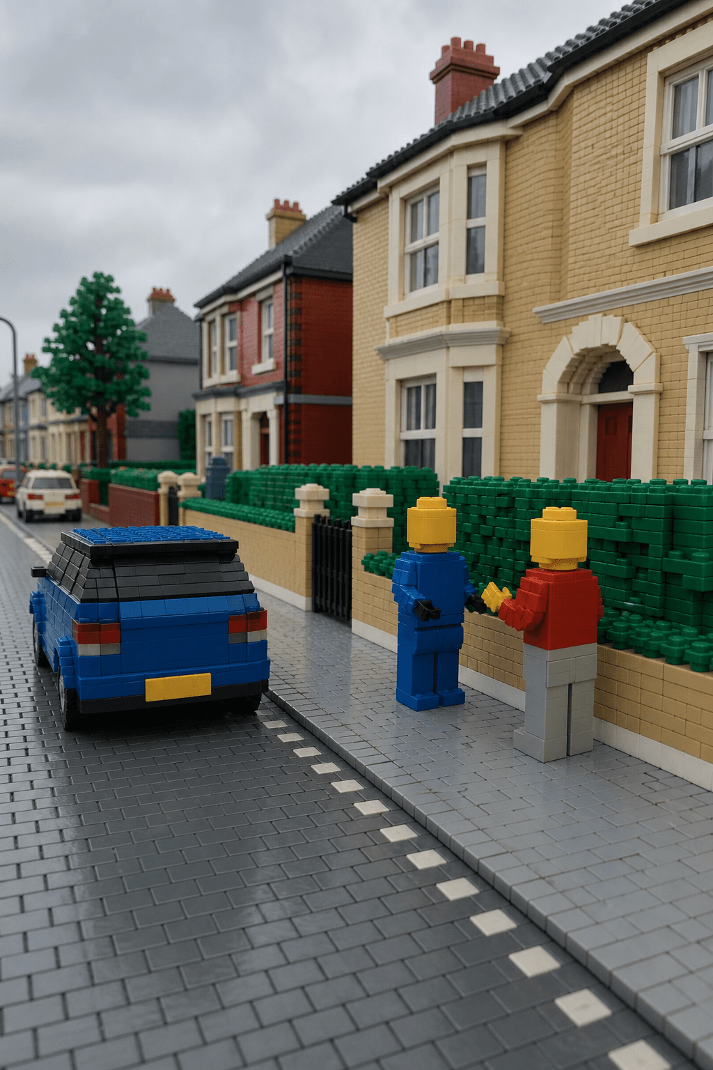 An ordinary street corner and its pedestrians rebuilt as plastic brick figures