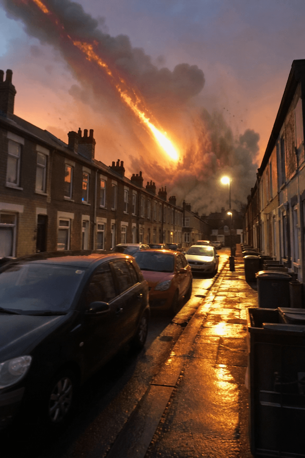 An ordinary terraced street with a meteor coming down behind the rooftops
